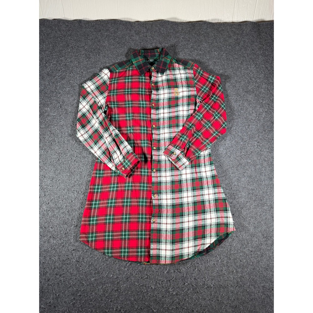 Lauren Ralph Lauren Mixed Plaid Patchwork Flannel Shirt Dress Red Green Small